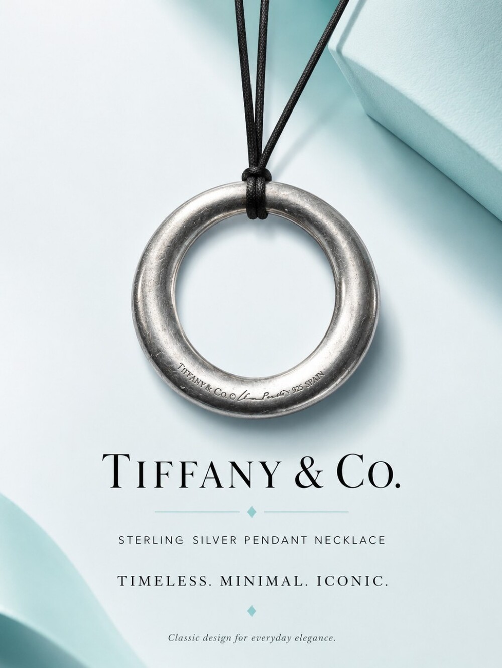 Tiffany & Co. 925 Silver Circular Elsa Peretti "Sevillana"  Pendant Black Cord